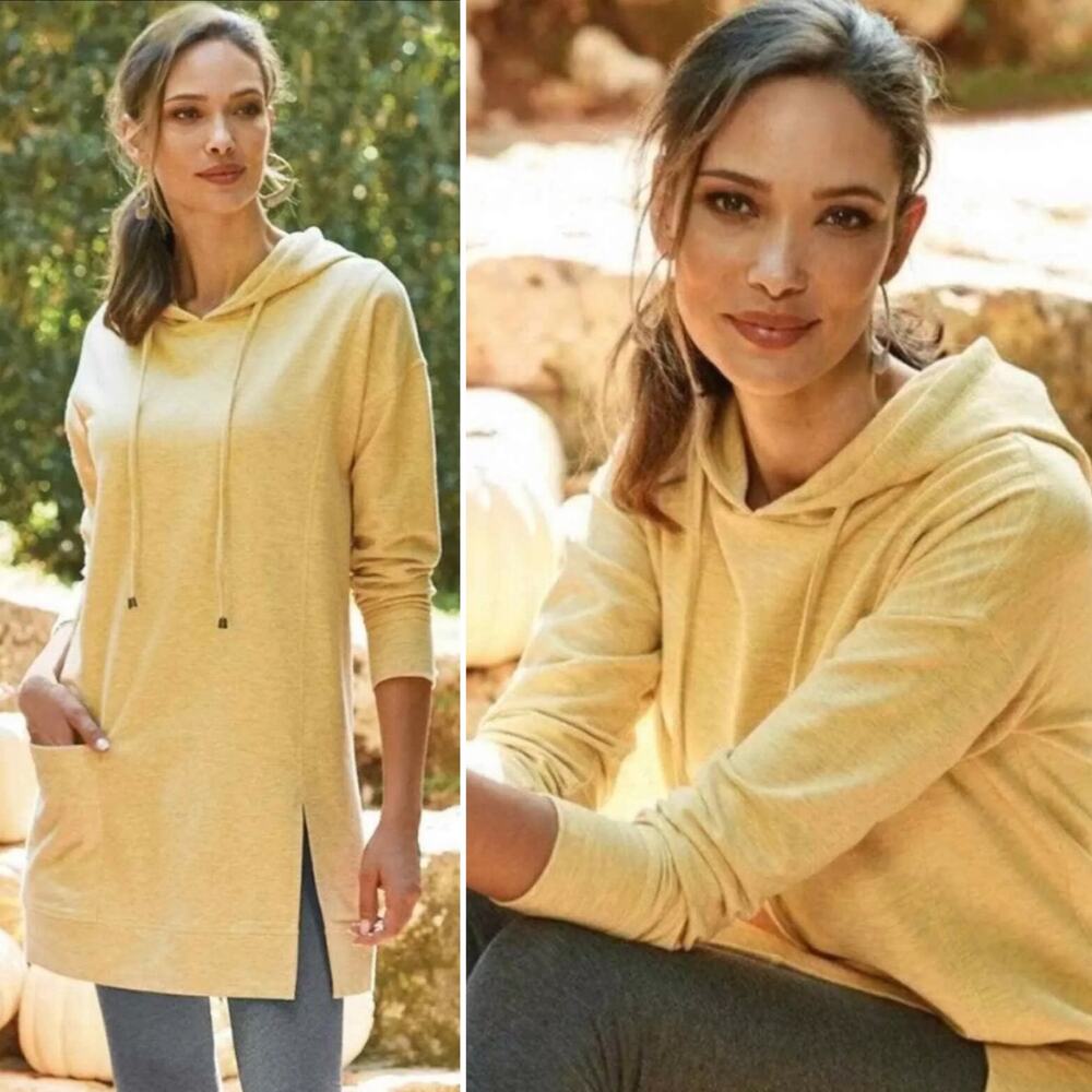 Soft Surroundings Heathered Yellow Grey Soho Hoodie Tunic Dress Size Medium